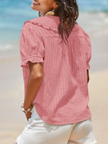 Image of Tankaneo Womens Puff Sleeve Shirts Peter Pan Collar Button Down Cotton Blouse Casual Summer Textured Tops