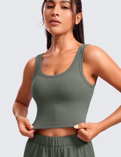 Image of CRZ YOGA Ribbed U Neck Crop Tank Tops | Medium Support, Removable Pads, Casual, Wide Straps, Longline Sports Bras for Women