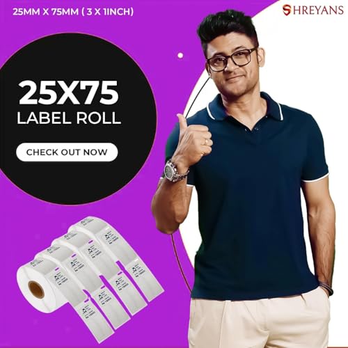 Image of Shreyans Direct Thermal Labels (Pack of 10, 25mm x 75mm - 125 Labels /Roll) - Non Tearable, Scratch Free, Water Proof & Non Fade Stickers with Permanent Marking
