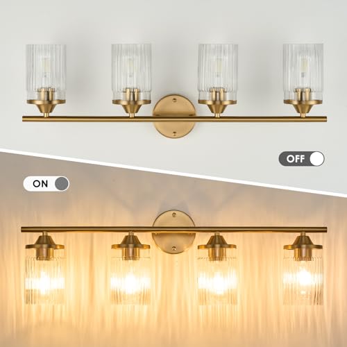 Image of Jonsi Gold Bathroom Light Fixtures 4-Light Vanity Lights Modern Wall Sconce with Clear Glass Shade Brushed Brass Bathroom Light Fixture Over Mirror for Bedroom Hallway Kitchen