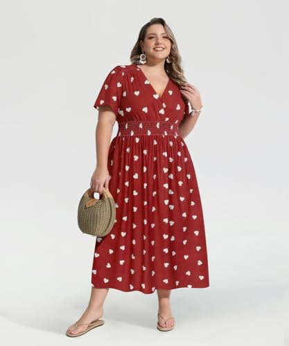 Image of CARCOS Plus Size Dresses for Curvy Women V Neck Summer Maxi Dress Short Sleeve Floral Boho Dress Smocked Waist Beach Dress