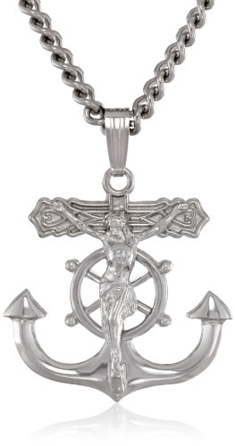 Men's Sterling Silver Solid Mariner's Cross Pendant Necklace with Crucifix and Stainless Steel Chain, 24