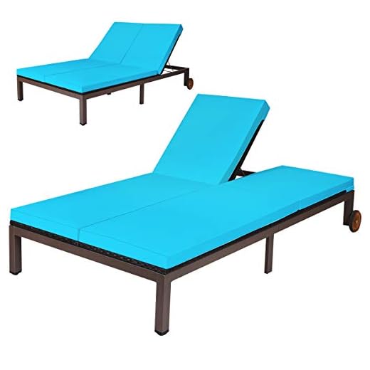 Tangkula 2-Person Patio Lounge Chair, Outdoor Rattan Double Wicker Daybed Chaise Lounge Chair with Adjustable Backrest Wheels & Cushion, Patio Sofa for Garden Lawn Backyard (Turquoise)