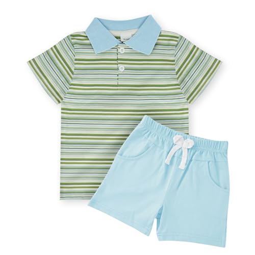JiuBreeze Toddler Baby Boys Summer Short Sleeve Polo Shirts Set 2-piece Striped Outfits 18 Month-5T (Rainbow Blue, 3-4T)