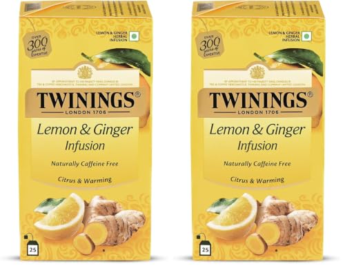 Image of Twinings Lemon & Ginger Tea, Perfect Blend of Zesty Lemon & Ginger Spice, Boosts Immunity, Rich in Anti-oxidants, Caffeine-Free, Made With Finest Ingredients, Enjoy as Hot or Iced Tea I 25 Tea Bags