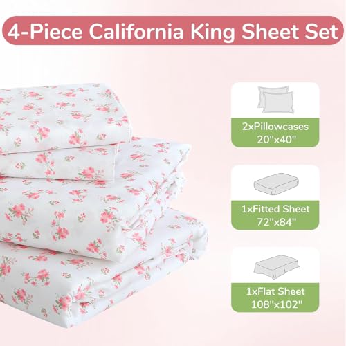 Image of MUXHOMO California King Size 4 Piece Sheet Set, Soft Breathable Bed Sheet Set for Bedroom with Deep Pocket Up to 16 inch, Wrinkle-Free & Cooling Bedding for Oeko-TEX Certified -Blossoms Light Pink