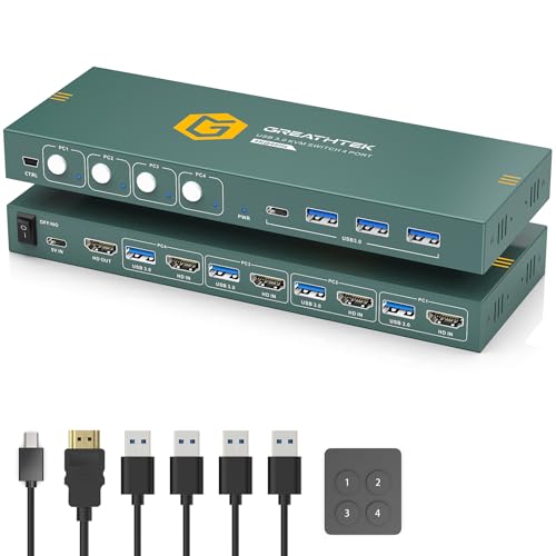 KVM Switch HDMI USB 3.0 4K@60Hz 4 Puertos 4 Computadoras y Monitor 3 Dispositivos Compartidos Botones y Cables Incluidos