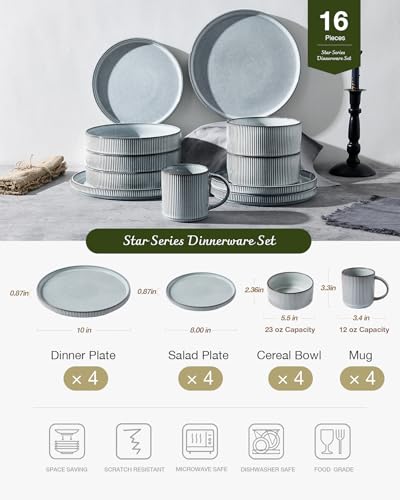 Image of Famiware Star 16-Piece Stoneware Dinnerware Set, Service for 4, Reactive Glaze Mugs, Plates and Bowls, Dishes with Trim, Modern Rustic, Chip /Scratch Resistant, Microwave /Dishwasher Safe, Smoky Blue