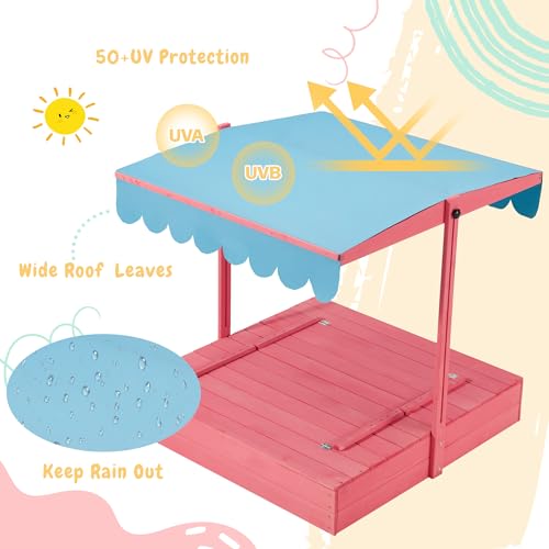 YOLENY Sandbox with Lid,Kids Sandbox with Cover Outdoor,Wooden Sand Box with 2 Foldable Bench Seats,Adjustable UV-Resistant Roof & Bottom Liner,Sand Box for Kids Ages 2-8, Perfect for Backyard,Beach - Thumbnail 3