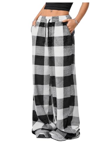 Women's Y2k Plaid Elastic Waist Pants Gingham Straight Wide Leg Long Trousers Lounge Trousers with Pockets