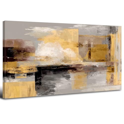 AREBOLO Grande Tableau Décorative Abstrait 50x100 cm - Affiches Impression sur Toile Moderne - Décoration Murale pour Salon et Chambre Or Jaune - Noir Beige...