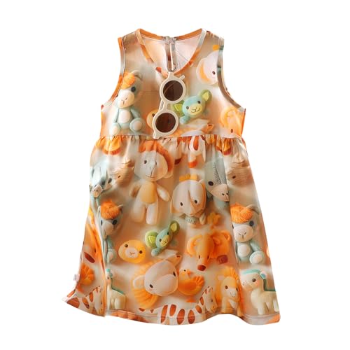 RONGTAI Girls' 3D Raised Print Rayon Dress Sleeveless Long Tiered Back Neck Button Down-Cartoon Theme Colorful