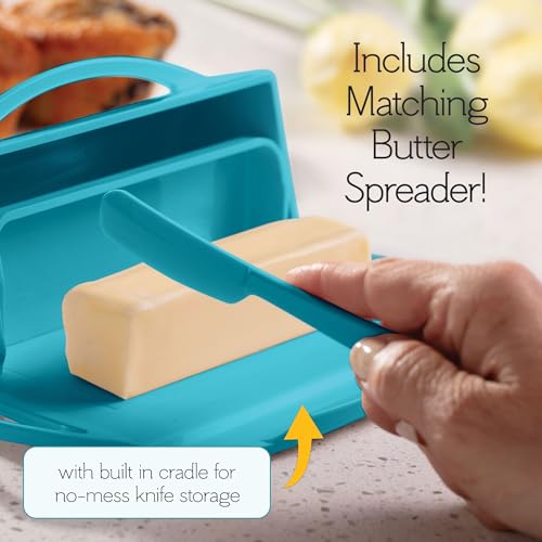 Image of Butterie Flip Top Butter Dish with Attached Lid & Matching Knife - Holds 2 Sticks, Fits Kerrygold /European Butter - BPA Free & Dishwasher Safe - Aqua