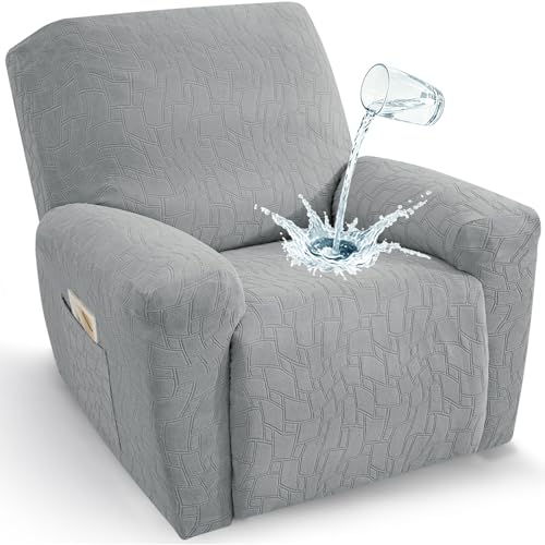 Image of ZNSAYOTX 100% Waterproof Recliner Chair Covers, 3-Piece Stretch Fit Recliner Slipcovers with Buckle & Elastic Band for Lazy Boy, Stay in Place, Soft Plaid Jacquard Protector (Large, Light Grey)