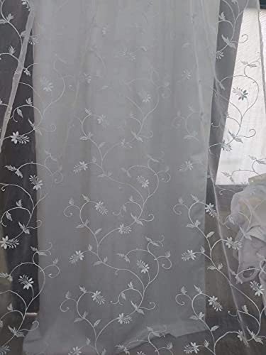 Image of Polyester Door Semi Sheer Curtains, White, Floral, Pack Of 2(7 Feet, White Embroidery + White Blackout)