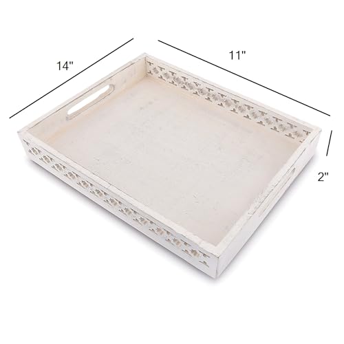 EDHAS Platters Mango Wood Tray with Handles Serving Platters for Breakfast in Bed, Tea, Coffee with Cutout Handles (White) (35.56cm x 27.94cm x 5.08cm) - Image 6