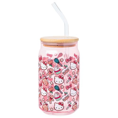 Silver Buffalo Sanrio Hello Kitty Gingerbread Cookies Christmas Holiday Pink Glass Jar Tumbler with Bamboo Lid and Glass Straw, 16 Ounces