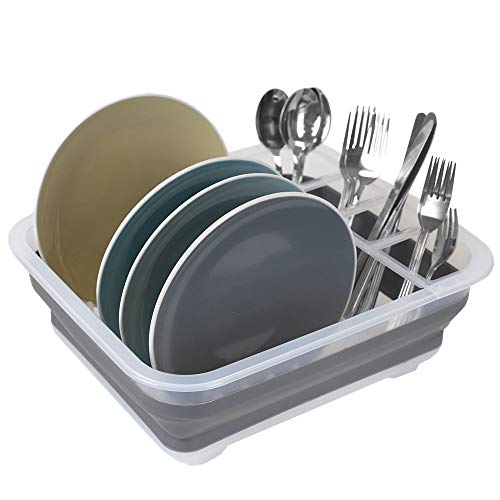 Home Basics Collapsible Silicone & Plastic Bin with Cutlery Holder Cup, Portable Washing Basin, Dishpan, Dish Tub, Ice Bucket for Indoor or Outdo, Clear