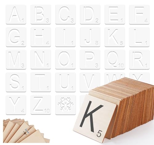 ilauke Unfinished Wood Pieces Scrabble Tiles 36pcs Blank Wood Square 5inch & 26 Large Letters Stencils Wooden Letters for Crafts with Stencils for Name Wall Home Farmhouse Crafting Painting Projects