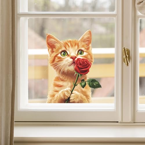Vinilo decorativo naranja con gatito y rosa roja miniatura 3
