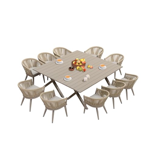 Image of PURPLE LEAF 12 Pieces Outdoor Dining Set with Patio Aluminium Dining Table and Wicker Chairs Modern Furniture Cushions Sets for Backyard Indoor Decor Kitchen Champagne