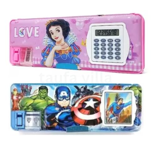 Image of Plastic Calculator Pencil Box Combo Super Hero And Angel Multipurpose Pencil Case For Boys & Girls (Set Of 2) Pencil Box Boys Girls