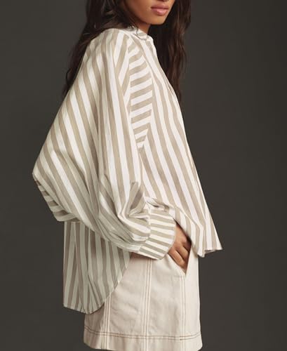 Oversized Button Down Shirts for Women Striped Batwing Long Sleeve Blouses Boyfriend Collared Tops3