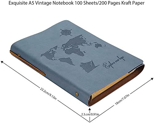 A5 Notebook Leather Journal Girls Notebook Vintage Leather Sketchbook, Refillable Diary Notebook Travel Journals For Women With 6 Ring Binder 200 Blank Brown Pages (Map-Gray Blue) #TOP1
