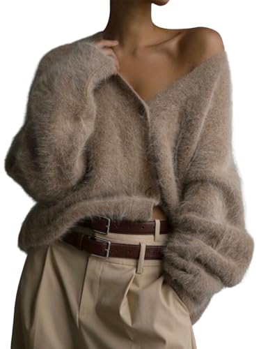 SWOAMER Damen Flauschig Strickjacke Pelzig Cardigan mit Knopfleiste Oversize Plüschjacke Strickpullover für Winter Herbst Khaki S