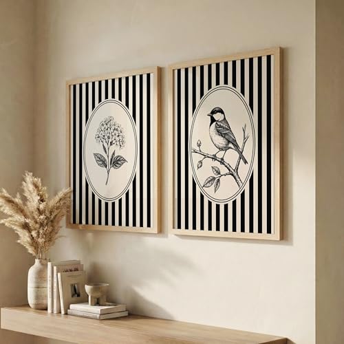 Image of NoWorries Vintage Botanical Bird & Floral Wall Art Prints Set of 2, Black and White Striped Gallery Wall Decor, Minimalist Farmhouse Bird Illustration, Framed Nature Artwork for Living Room Bedroom Office (Art-1, 10x13inch)
