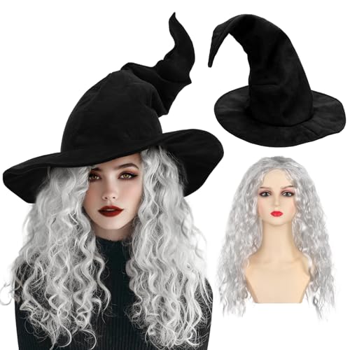 Forwe Wizard Hat Witch Hat Wizard Beard and Wig Set Halloween Costume Accessory for Men Women (Black)