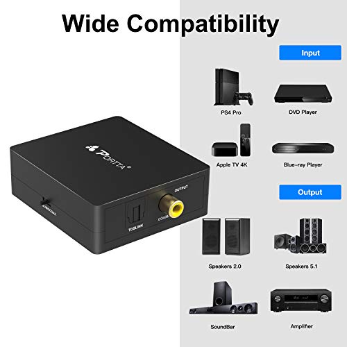 Portta Audio Convertisseur Numérique SPDIF Optique Coaxial Toslink vers Numérique SPDIF Optique Coaxial Toslink Adaptateur Bidirectiontionnel 2 Port 2 x Entrées à 1 x Sortie pour