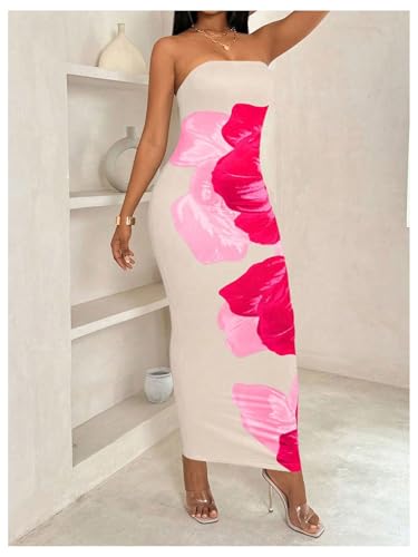 Image of GORGLITTER Women's Tropical Floral Y2K Strapless Bodycon Maxi Dress Summer Hawaiian Wedding Guest Cocktail Sun Dresses Apricot Small