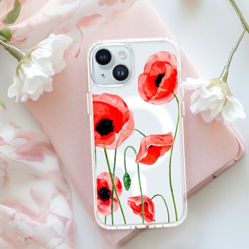 Idocolors for iPhone 15 Case, Compatible with MagSafe, Cute Poppy Flower Magnetic Phone Case, Crystal Clear Slim Fit Soft Transparent Shockproof Protective Phone Cover for Women Girls - image 7