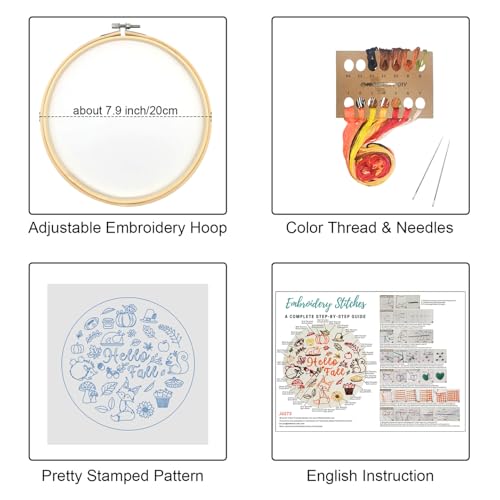 Image of Louise Maelys Hello Fall Embroidery Kit Autumn DIY Craft Set | Cross Stitch Kits Complete Set with Fabric, Hoop, Threads, Needles and Instructions. Needlepoint Kit for Fall DIY Crafts