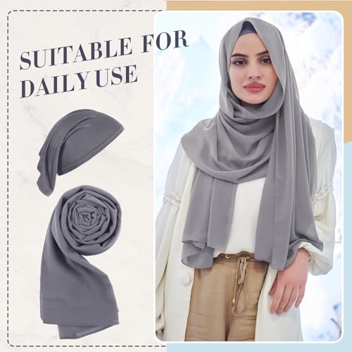 Hijab Scarves and Undercap Set, Chiffon Muslim Head Scarf for Women Islamic Solid Long Shawl Inner Hijab Cap3