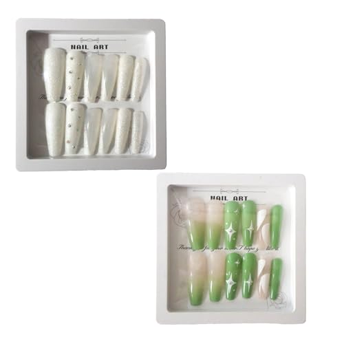 Kit de Unhas Postiças Decoradas com Strass, Formato Longo Bailarina Amêndoa, Azul (Branco-Verde, Dec