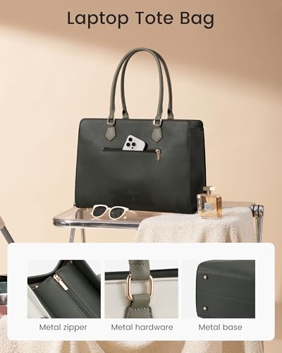 Image of LOVEVOOK Laptop Tote Bag for Women, PU Leather Work Bag, Teacher Tote | with Large Cup Holder, Waterproof Vintage Briefcase for Business Travel & Commute, Magnetic Snap, Padded Laptop Pocket