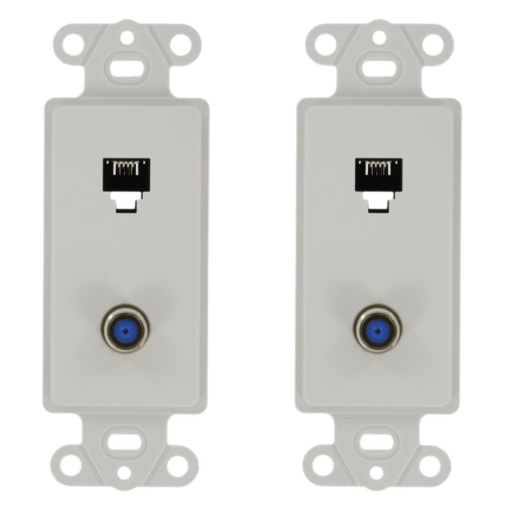 Leviton 40659-W Decora Insert, 6P4C + F-Connector, Screw Terminals, White (Pack of 2)