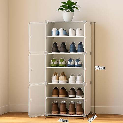 Image of Zemic Multipurpose Modular Plastic Shoe Rack for Home with Door | 𝟔 𝐒𝐡𝐞𝐥𝐟 Stackable Organizer | Waterproof & Dustproof | Space Saving Storage for Home, Bedroom & Entryway【White, 3-Door-6-Shelf】