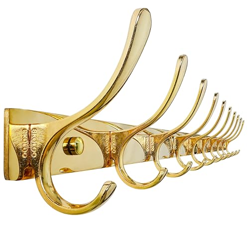 SKOLOO Wall Mounted Coat Rack - 10 Hooks, Heavy Duty, Stainless Steel, Metal Wall Hangers, Sturdy Coat Hooks for Hanging Coats, Jacket, Clothes, Hat, Bright Gold by SKOLOO - Used condition - US$29.42