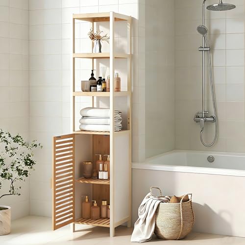 HavenGlide Badregal Stehend Badschrank Bambus, Badezimmerschrank Hochschrank Schmal Hoch, mit 3 offene Fächern und Schrank, Bathroom Cabinet, für Bad Wohnzimmer Flur Küche, 33 x 33 x 165 cm (Weiß)