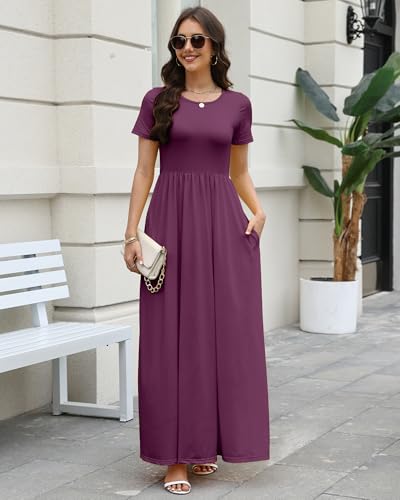 Image of COSSEN Women's Crew Neck Short Sleeve Maxi Dress with Pockets Casual Loose Swing for Wedding Guest Beach Vacation