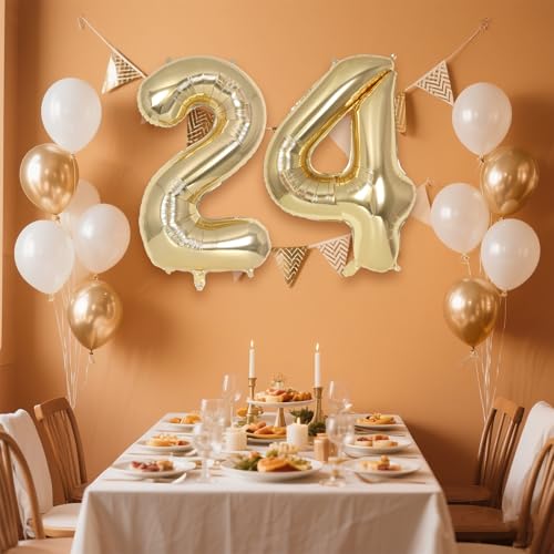 Image of Champagne Gold Large Number 24 Balloon, 40 Inch Light Gold Foil Helium Number Balloons, Giant Mylar Number 24 Balloons for 24 Years Old Birthday Party Anniversary Decorations (Champagne Gold 24)