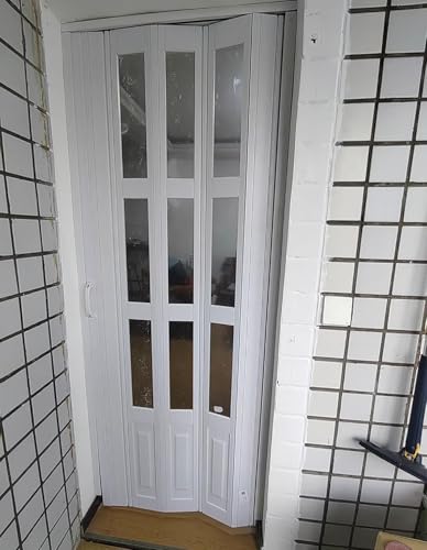 Puerta de concertina plegable de PVC, separador interior blanco, puerta corredera aislada para baño, dormitorio, armario y cocina, 78,5 x 101 cm con asa