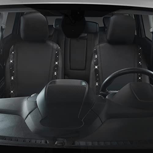 Image of CAR PASS Leather Bling Diamond Car Seat Covers 2 Front Interior Sets, Waterproof Universal Shining Glitter Crystal Sparkle Fit for 95% Automotive Truck SUV Cute Women Girl, Black Rhinestone