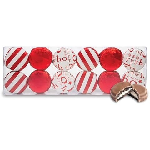 Chocolate Covered Cream Filled Cookies by Chocolate Works, Gourmet Christmas Chocolate Gift Box, Milk Chocolate Coated Cookies, Red, 12 Premium Belgian Chocolate Treats Cover
