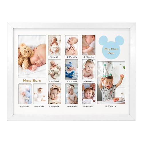 FramePro My First Year Photo Frame 12x16, Baby's First Twelve Months 4x6 and 2x3 Wallet Pictures Milestone Board Keepsake, as New Mom Baby Newborn Gift, White
