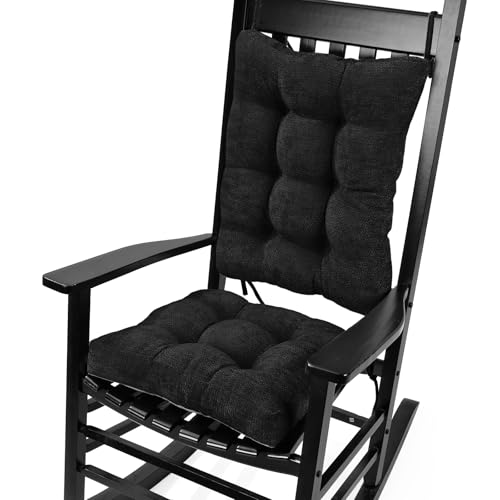 Glyzia Rocking Chair Cushion for Elderly Sitting, Back Pillow & Seat Cushion with Ties, Luxury Chenille Fabric Non-Slip Chair Pad for Rocker, Black, 21.6x17x2/ 17x17x3