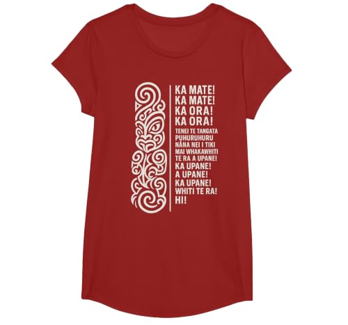 New Zealand Maori Haka Ka Mate Song Rugby T-Shirt, Girls, Cranberry Red, Small